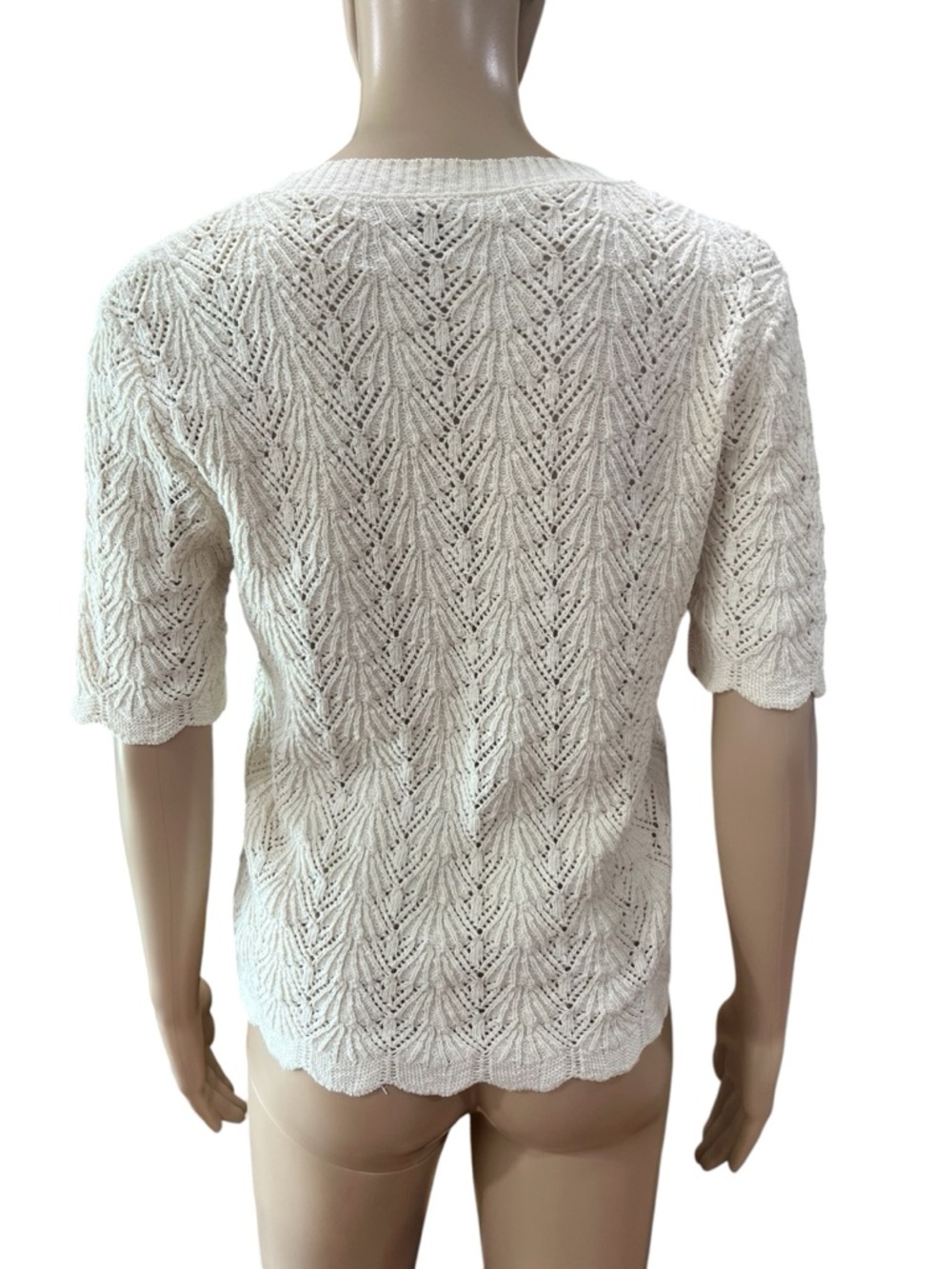Pointelle Knit Short Sleeve Sweater Ivory-L vintage - Picture 2 of 6